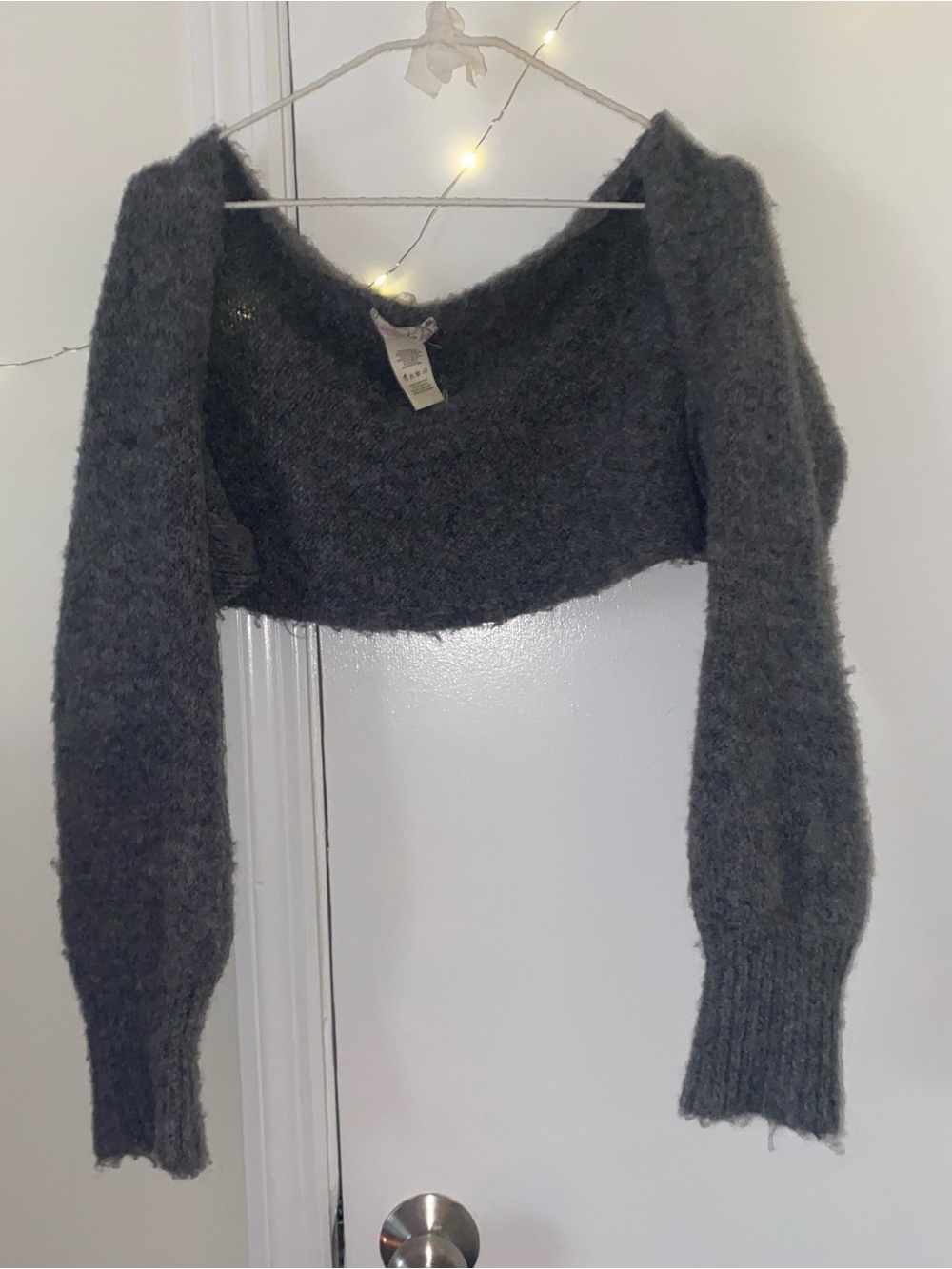 Free People Charcoal Off-the-Shoulder Cropped Fuzzy Sweater Shrug